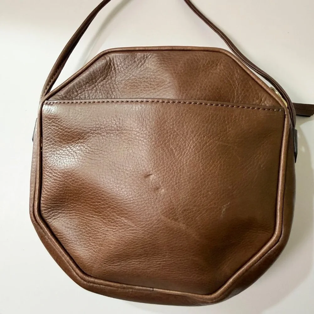 Fossil Brown Leather Octagon Crossbody Bag Small Zip Top Purse Issue No 1954